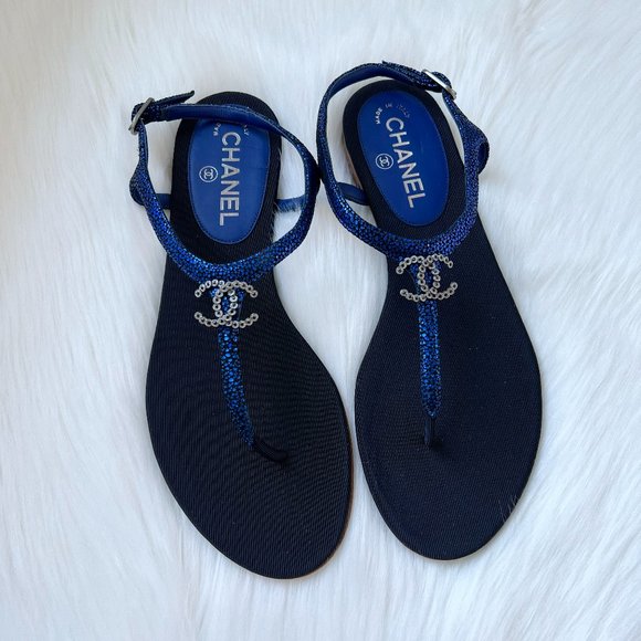 CHANEL Women's Blue Thong Ankle Strap Sandal Size 38.5